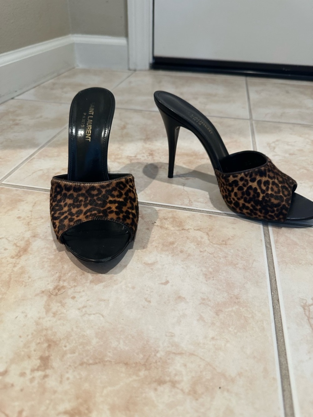 Saint Laurent Leopard-Print Open Toe Mules in Brown and Black - Picture 2 of 6